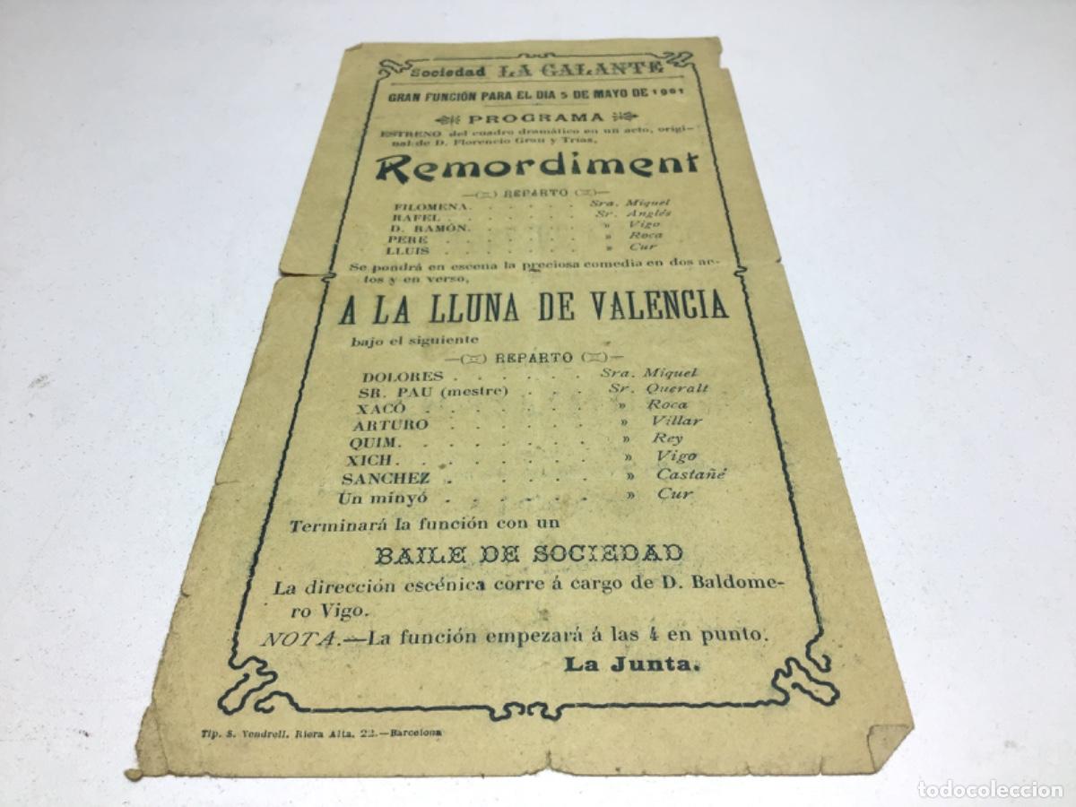 Cat&aacute;logos de M&uacute;sica: RARO Y ANTIGUO PROGRAMA SOCIEDAD LA GALANTE BARCELONA A&Ntilde;O 1901 - REMORDIMENT Y A LA LUNA DE VALENCIA
