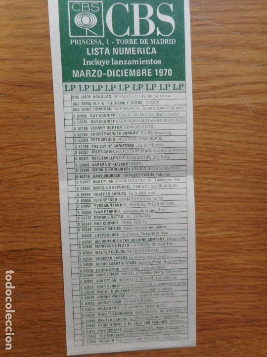 Catalogues de Musique: ANTIGUA HOJA CATALOGO DISCOS CBS LP 1970