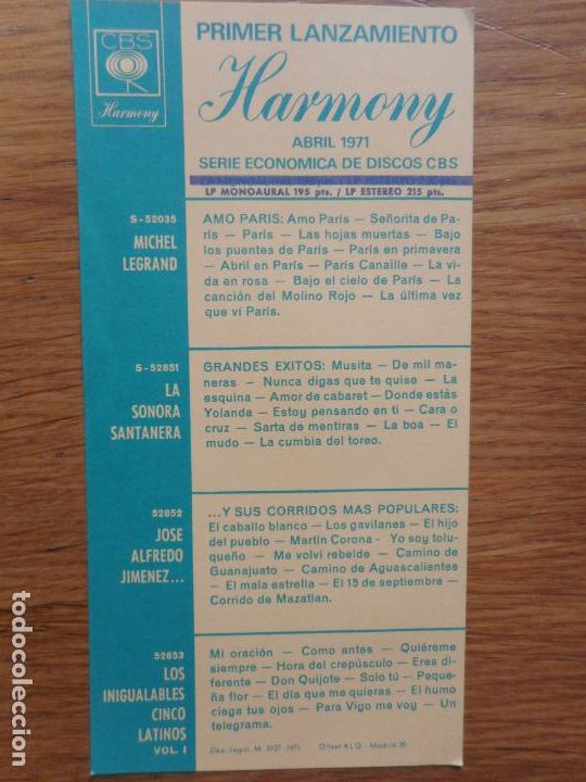 Catalogues de Musique: ANTIGUA HOJA CATALOGO DISCOS CBS SERIE HARMONY 1971