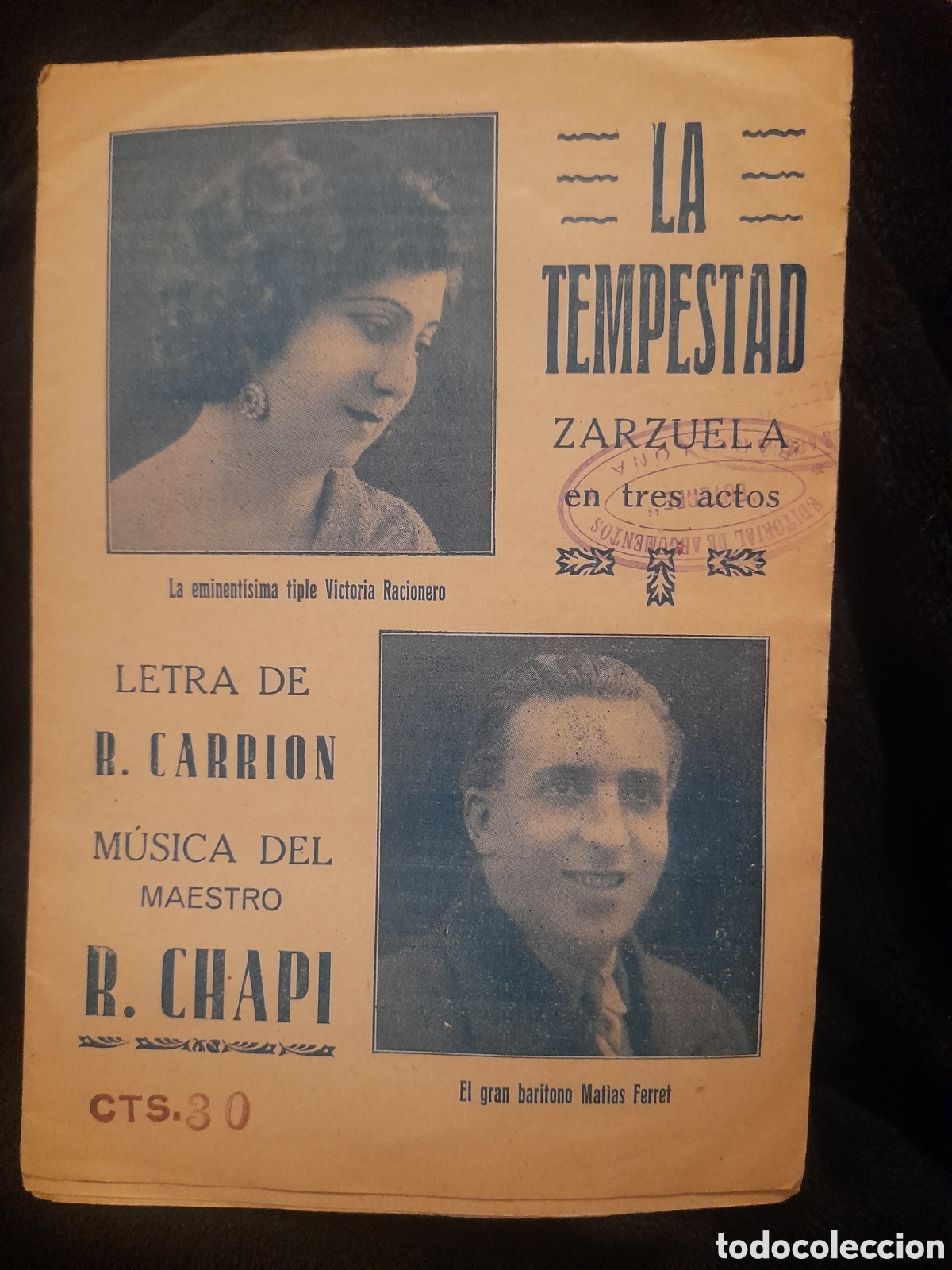 Cat&aacute;logos de M&uacute;sica: La Tempestad, Argumento y cantables, 12 p&aacute;ginas