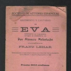 Catálogos de Música: ARGUMENTO Y CANTABLES DE EVA. OPERETA EN TRES ACTOS, ARREGLO AL CASTELLANO ATANASIO MELANTUCHE. 1914