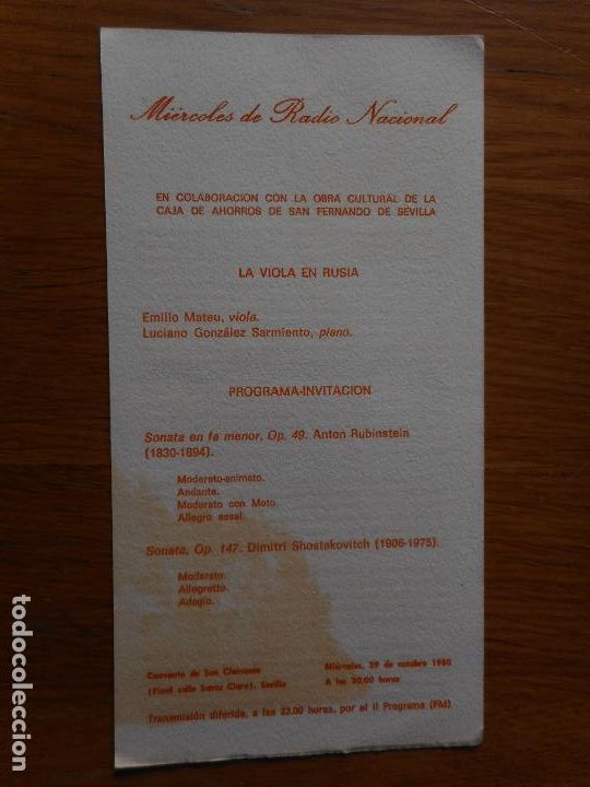 Catalogues de Musique: PROGRAMA CONCIERTO RNE LA VIOLA EN RUSIA 1980. EMILIO MATEU VIOLA - LUCIANO GONZALEZ SARMIENTO PIANO