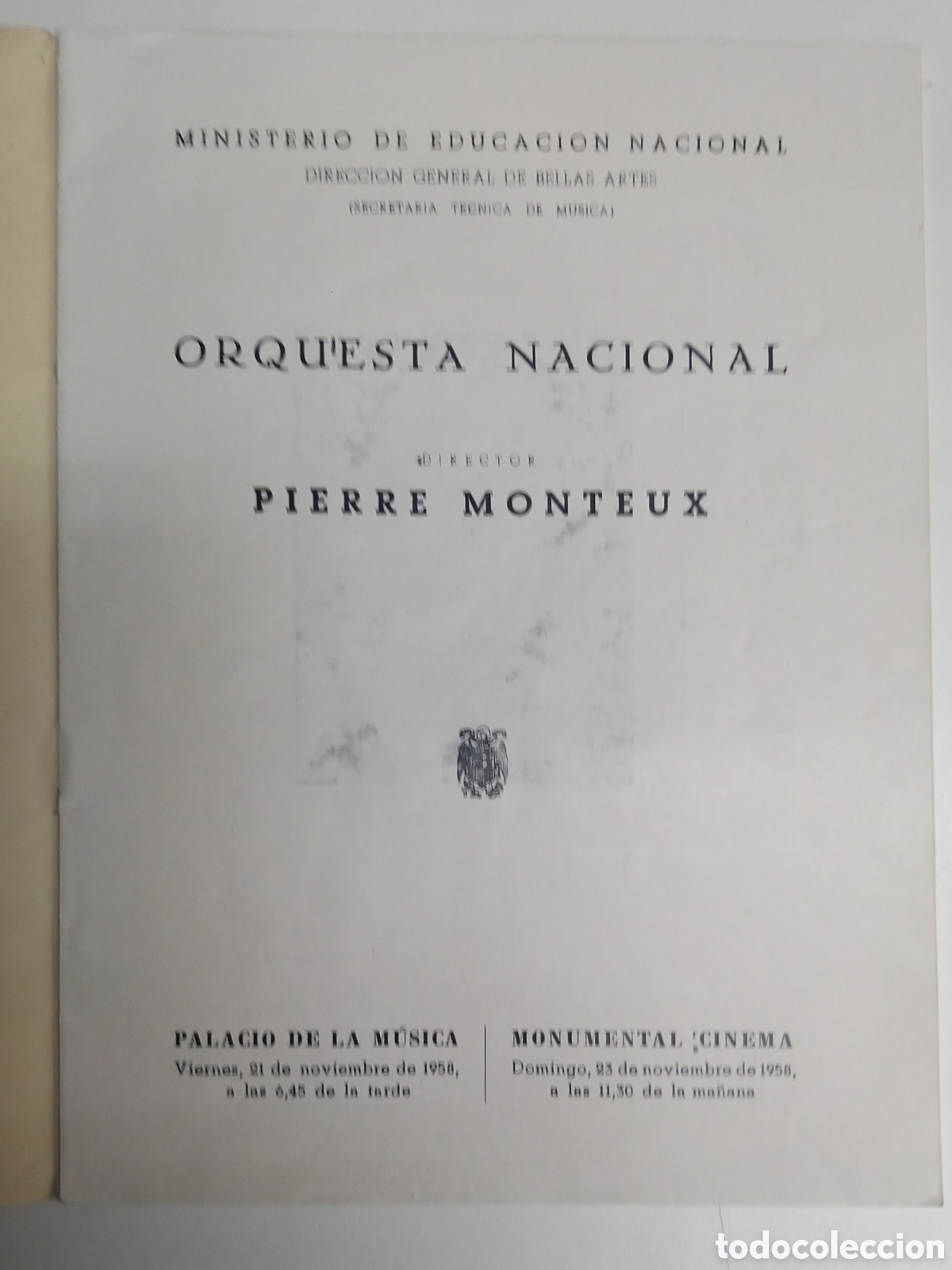 Cat&aacute;logos de m&uacute;sica: PROGRAMA ORQUESTA NACIONAL. PIERRE MONTEUX 1958 - Foto 1