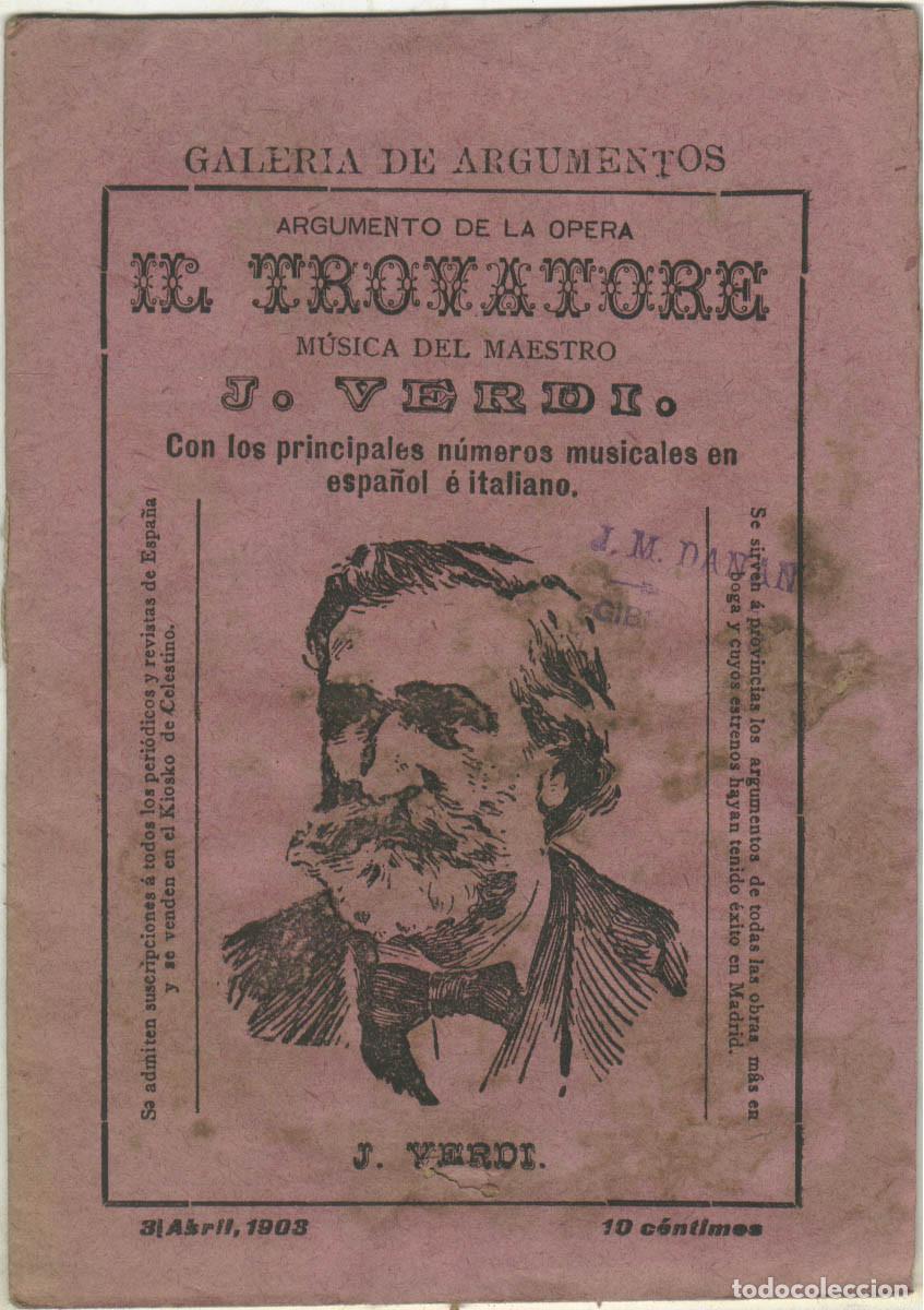 Cat&aacute;logos de m&uacute;sica: El trovatore, de J. Verdi (1903) [argumento &oacute;pera] - Foto 1