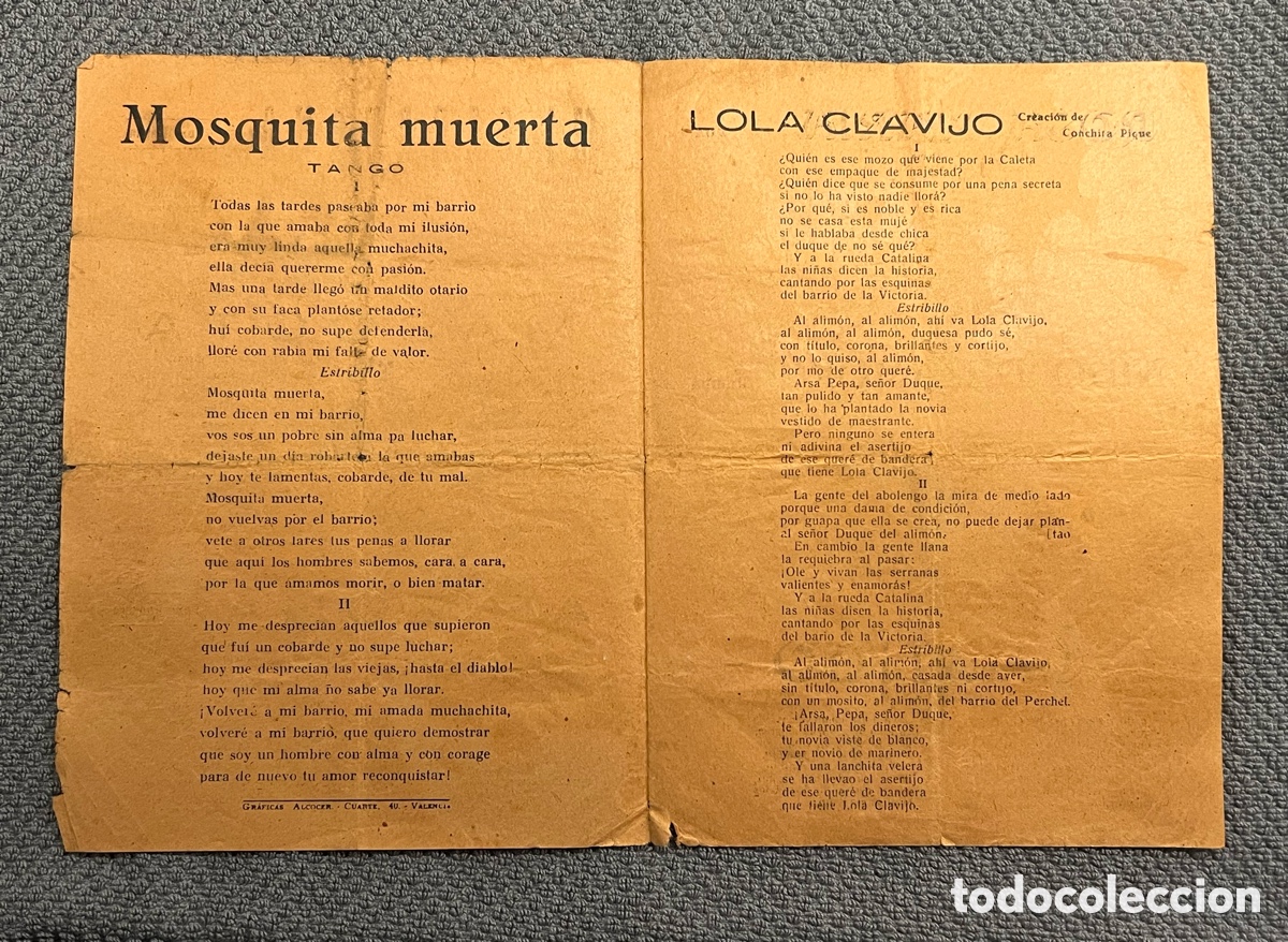 Cat&aacute;logos de M&uacute;sica: LOLA CLAVIJO, creaci&oacute;n de Conchita Piquer.. Mosquita muerta. Tango, Mi Caravana. Hojilla musical