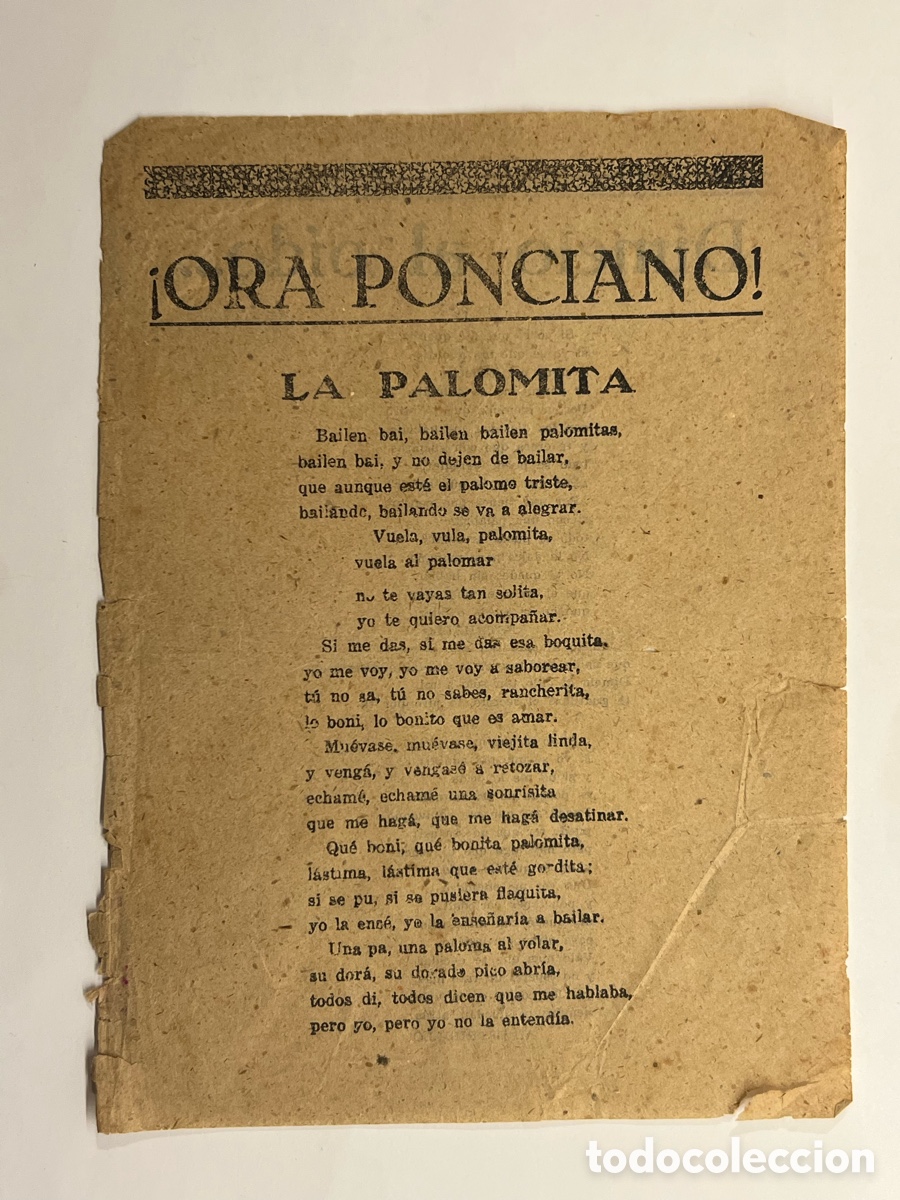 Cat&aacute;logos de M&uacute;sica: ORA PONCIANO !!! La Palomita, D&iacute;melo al o&iacute;do.. Hojilla Musical.. (h.1930?)