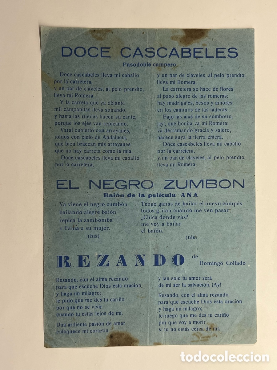 Cat&aacute;logos de M&uacute;sica: Doce Cascabeles.. Pasodoble. El Negro Zumb&oacute;n.. El Macetero, por Antonio Molina. Hojilla Musical..