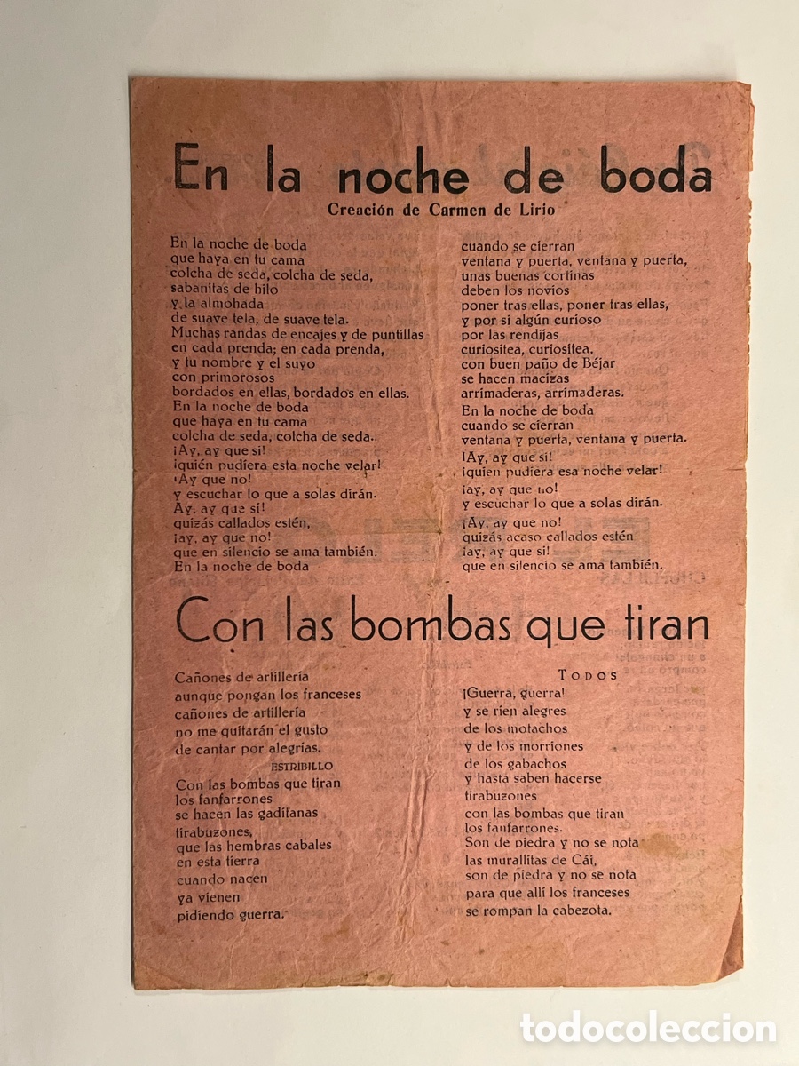 Cat&aacute;logos de M&uacute;sica: Con las Bombas que tiran.. En la noche de boda, Carmen de Lirio, Pena Mora, por Juanito Valderrama