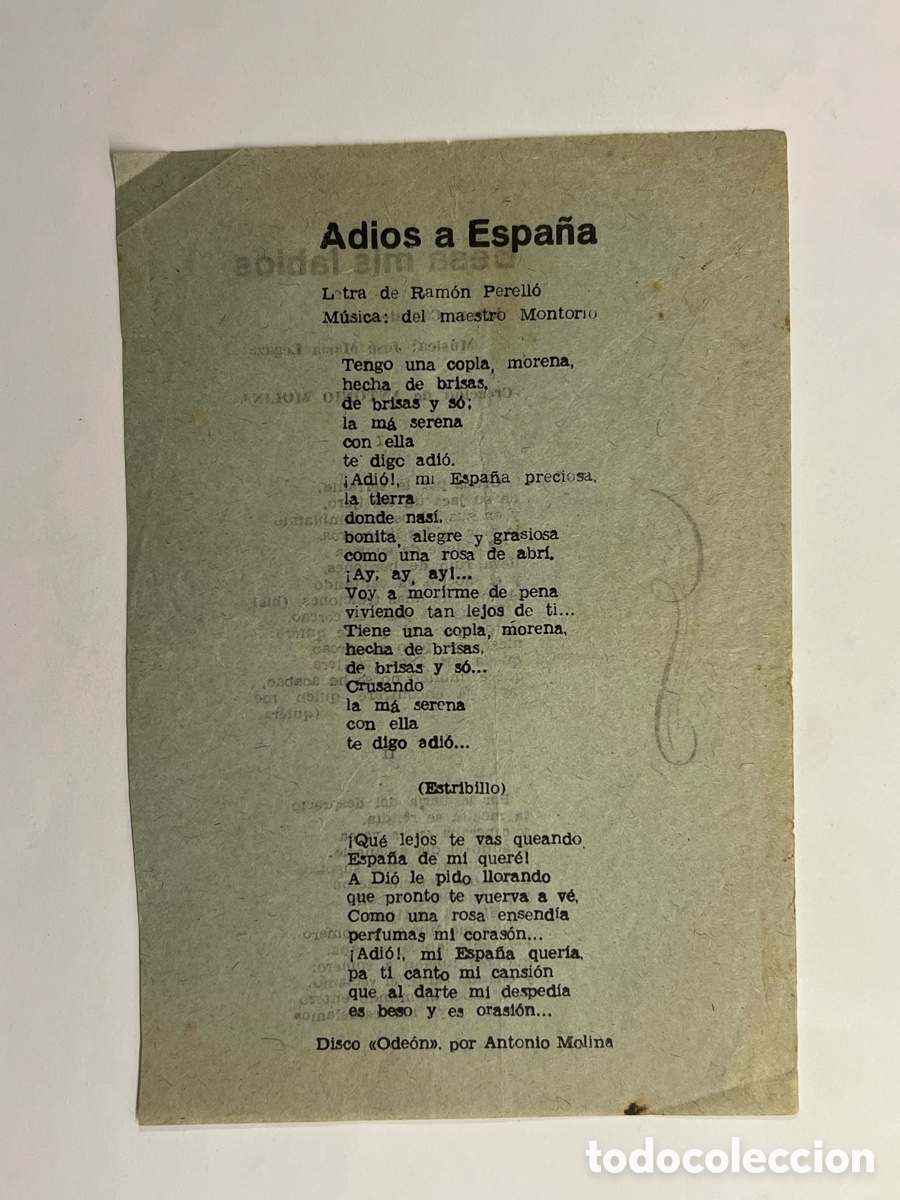 Cat&aacute;logos de M&uacute;sica: Antonio Molina, Adi&oacute;s a Espa&ntilde;a.. Besa mis labios.. Hojilla Musical..