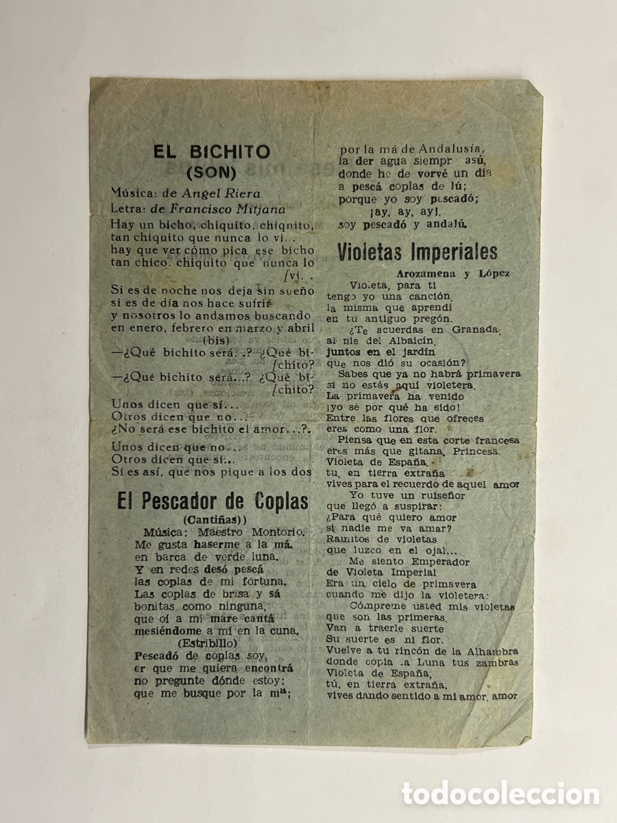 Cat&aacute;logos de M&uacute;sica: El Bichito, Violetas Imperiales, El Pescador de coplas, Besa mis labios, Antonio Molina..
