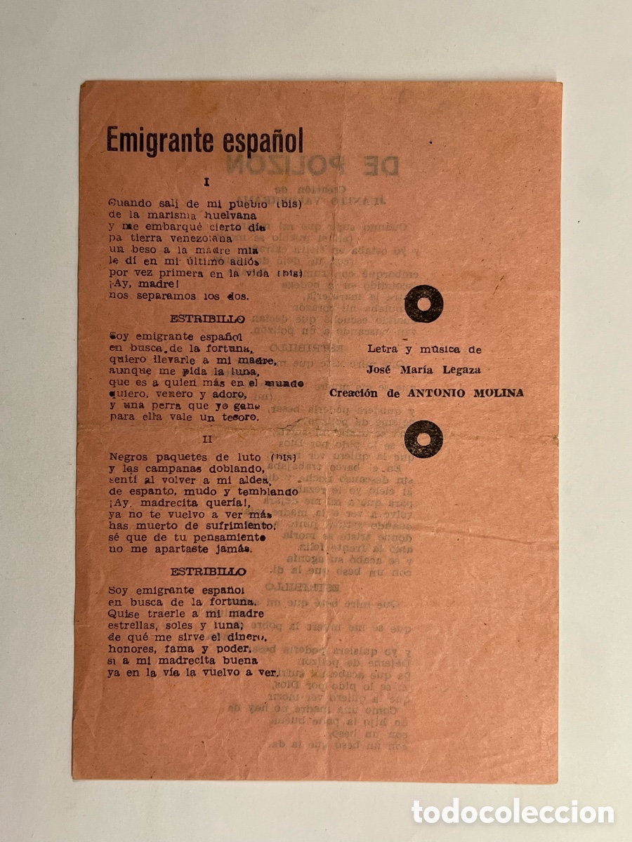 Cat&aacute;logos de M&uacute;sica: Emigrante espa&ntilde;ol, Antonio Molina, De Poliz&oacute;n, Juanito Valderrama&hellip; Hojilla Musical&hellip;
