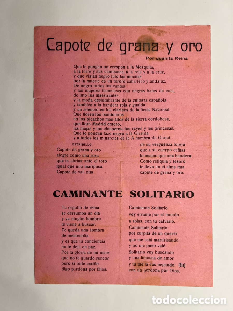 Cat&aacute;logos de M&uacute;sica: CAPOTE DE GRANA Y ORO, por Juanita Reina. Caminante solitario. Violetas Imperiales.. Hojilla Musical