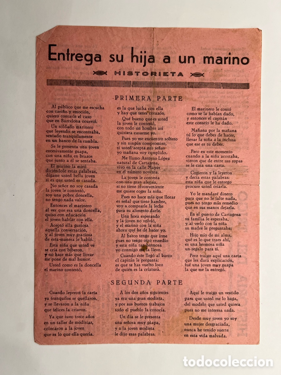 Cat&aacute;logos de M&uacute;sica: Entrega su hija a un marino.. Historieta.., Historia del Trigo&hellip; Hojilla Musical.. a&ntilde;os treinta..