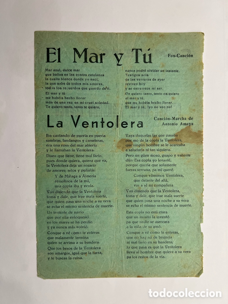 Cat&aacute;logos de M&uacute;sica: LA VENTOLERA, Antonio Amaya.., EL MAR Y TU.., GEREZO ROSA, MANZANO BLANCO. Hojilla Musical