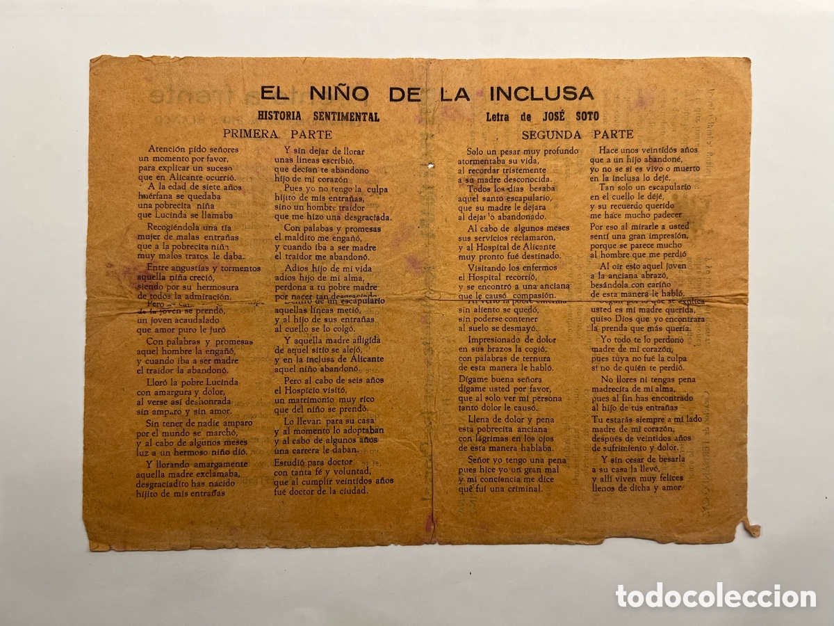 Cat&aacute;logos de M&uacute;sica: EL NI&Ntilde;O DE LA INCLUSA.., Historia Sentimental.. Letra de JOS&Eacute; SOTO.. Hojilla Musical&hellip; (h.1930?)