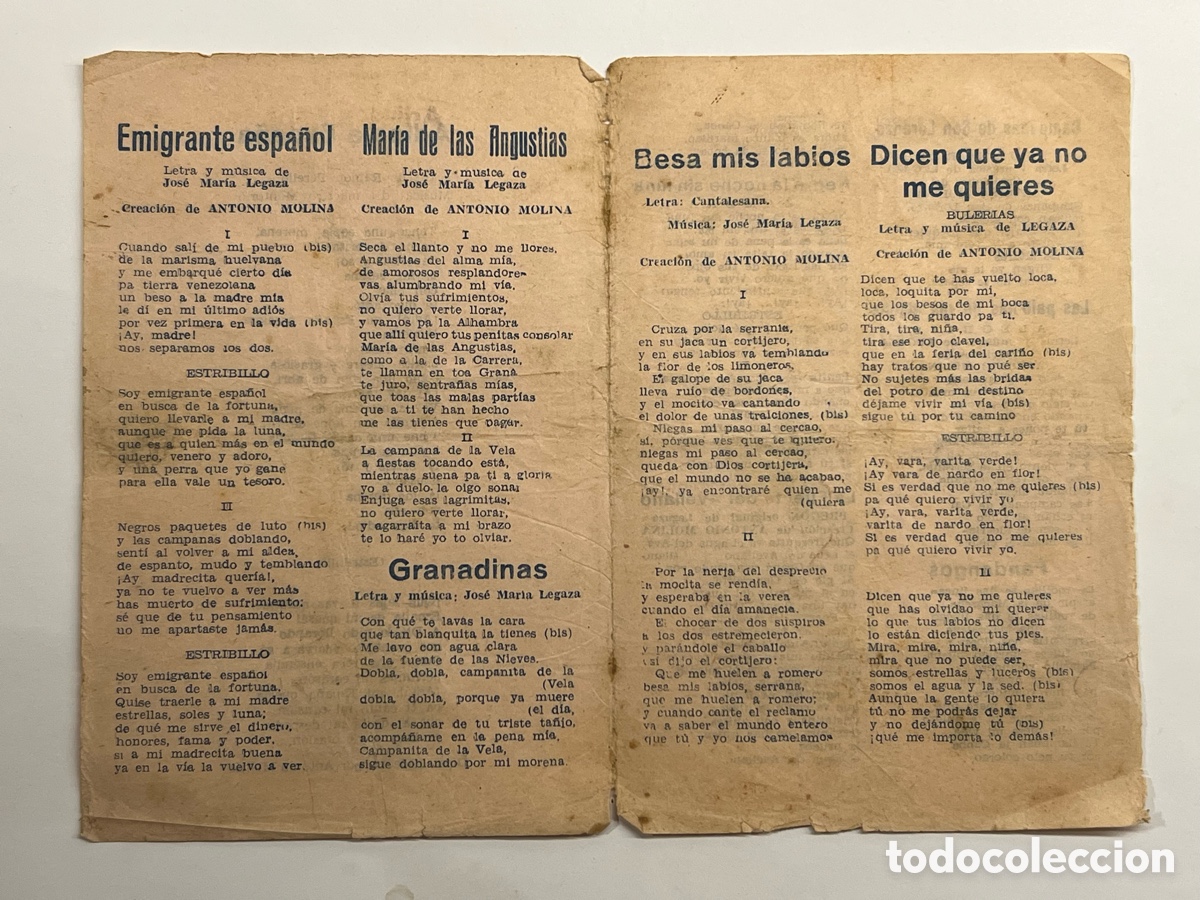 Cat&aacute;logos de M&uacute;sica: Emigrante espa&ntilde;ol.., Mar&iacute;a de las Angustias.., Adios a Espa&ntilde;a.., Las palomas de tus manos..
