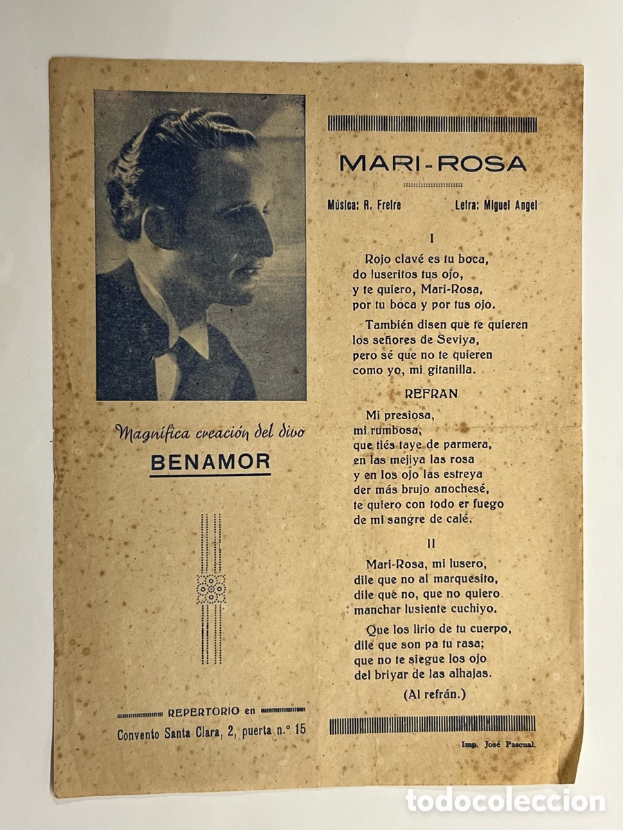 Cat&aacute;logos de M&uacute;sica: MARI-ROSA.., Magnifica creaci&oacute;n del divo BENAMOR&hellip; Hojilla Musical (h.1950?)