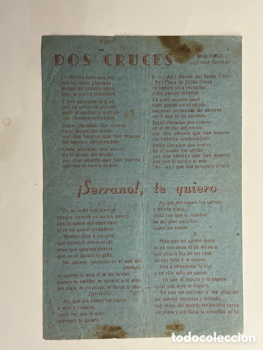 Cat&aacute;logos de M&uacute;sica: DOS CRUCES, Bolero por Nati Mistral.., Manolo de mis Amores.. Pasodoble.., Hojilla Musical