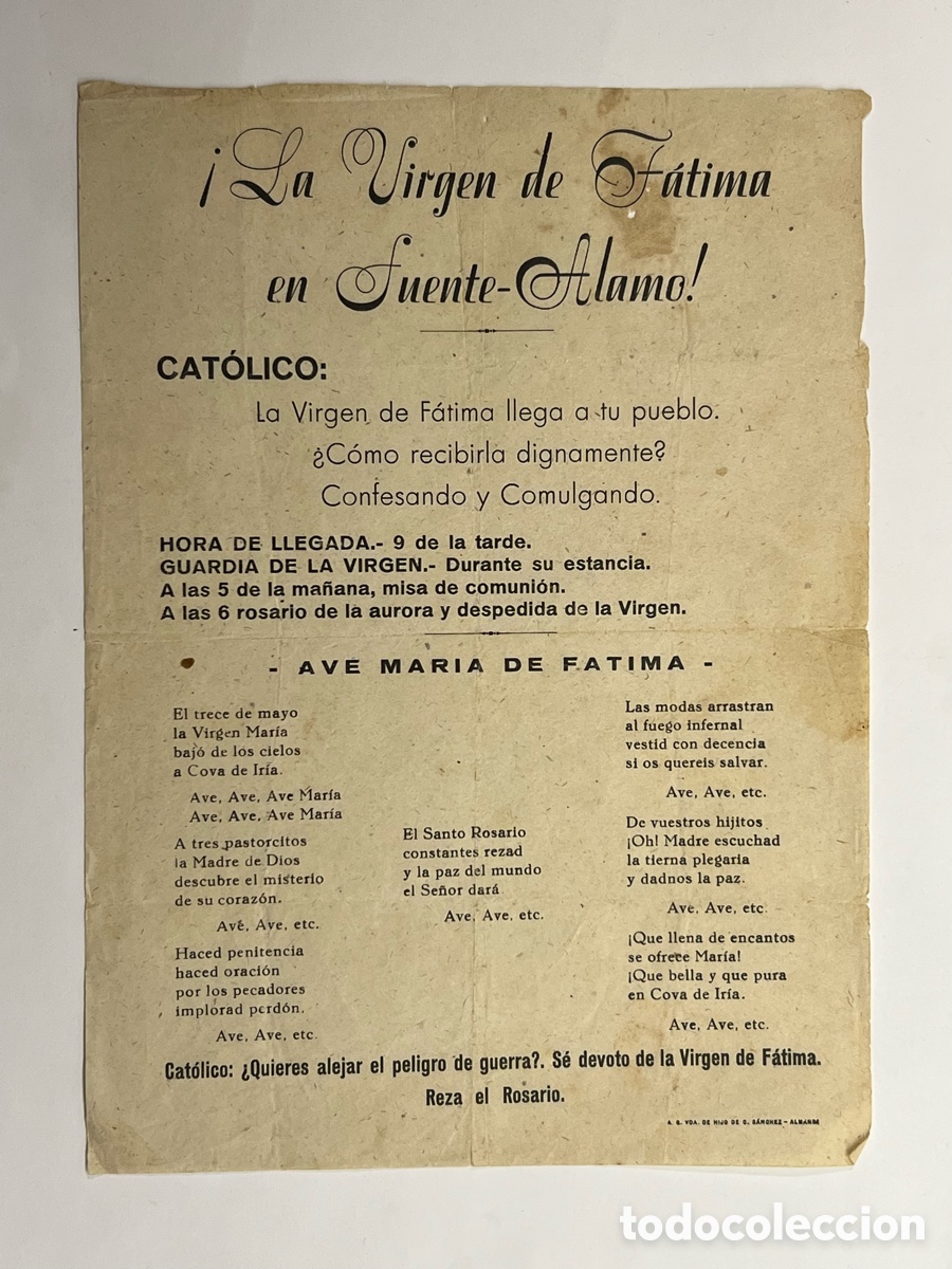 Cat&aacute;logos de M&uacute;sica: i La Virgen de Fatima en fuente-Alamo ! Cat&oacute;lico: &iquest;Quieres alejar el peligro de guerra? Hojilla&hellip;