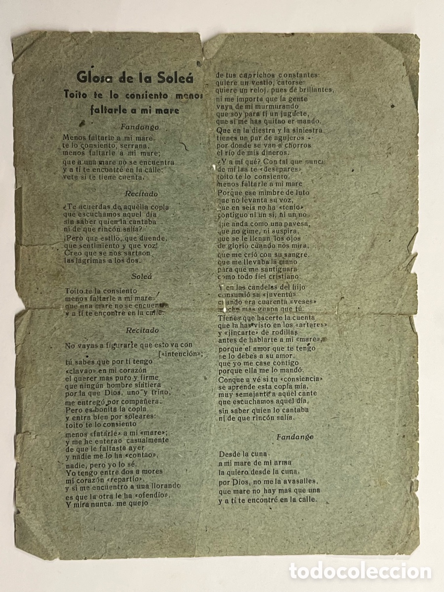 Cat&aacute;logos de M&uacute;sica: Glosa de la Sole&aacute;. Toito te lo consiento menos faltarle a mi mare.. FANDANGO!! Hojilla Musical