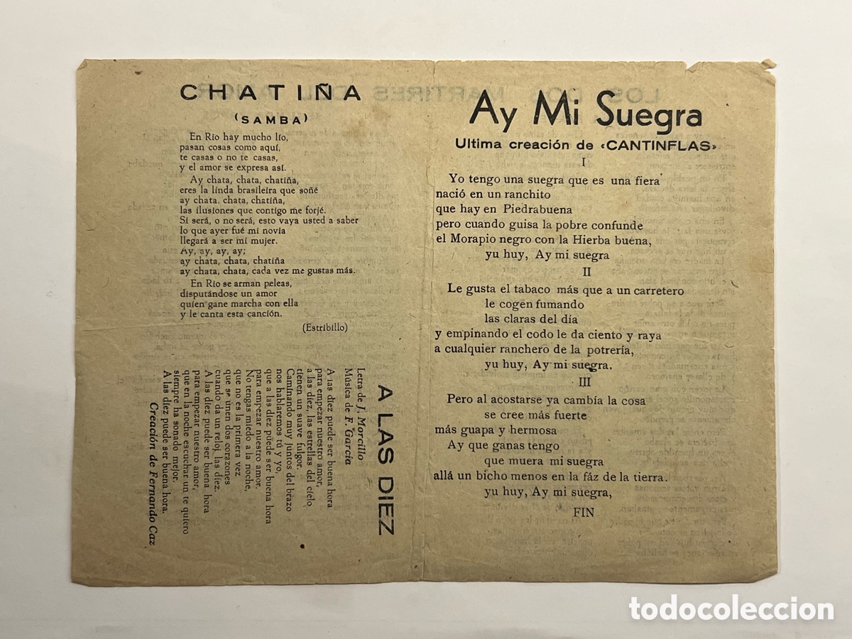 Cat&aacute;logos de M&uacute;sica: Ay Mi Suegra.. Ultima creaci&oacute;n de &laquo;CANTINFLAS&raquo; LOS DOS MARTIRES DEL AMOR.., Hojilla Musical