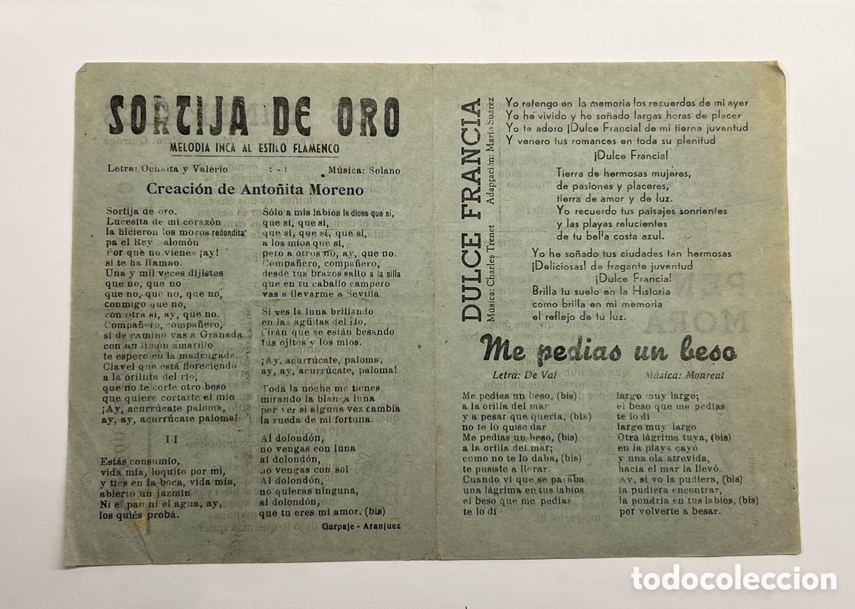 Cat&aacute;logos de M&uacute;sica: SORTIJA DE ORO.., Creaci&oacute;n de Anto&ntilde;ita Moreno.., Me ped&iacute;as un beso.. Hojilla Musical (h.1940?)
