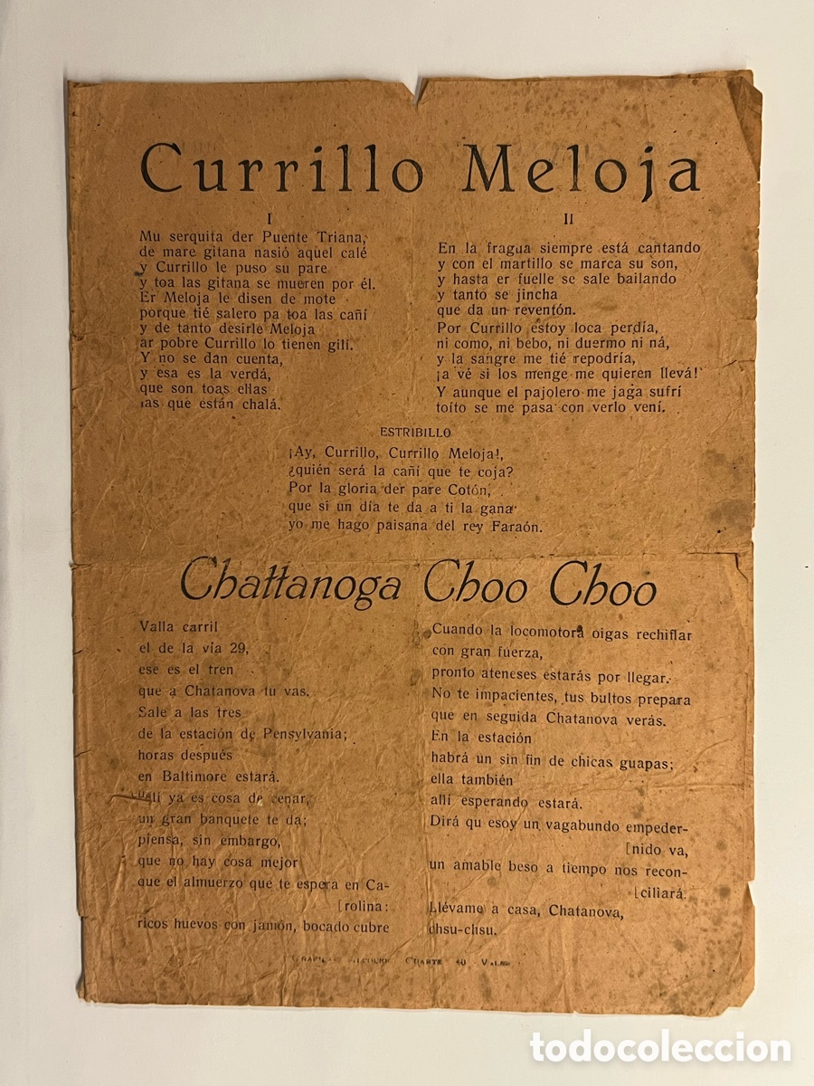 Cat&aacute;logos de M&uacute;sica: Currillo Meloja.., Chattanoga Choo Choo.., Carlos, Apruza.., El gitano se&ntilde;orito.. Hojilla Musical