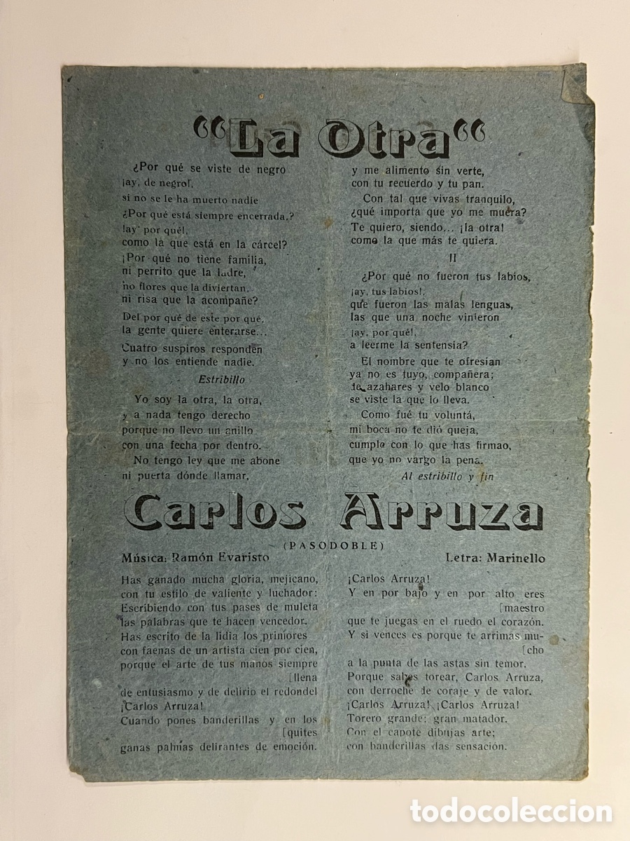 Cat&aacute;logos de M&uacute;sica: CARLOS ARRUZA (Pasodoble) La otra.., Perd&oacute;name.., Las cositas del quere&hellip; Hojilla Musical..