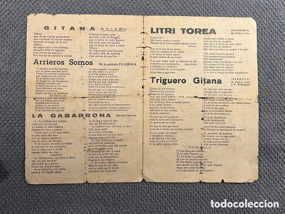 Cat&aacute;logos de M&uacute;sica: La Gabarrona., Arrieros somos., Triguero Gitana., Litri Torea (Pasodoble) Hojilla Musical (h.1950?)