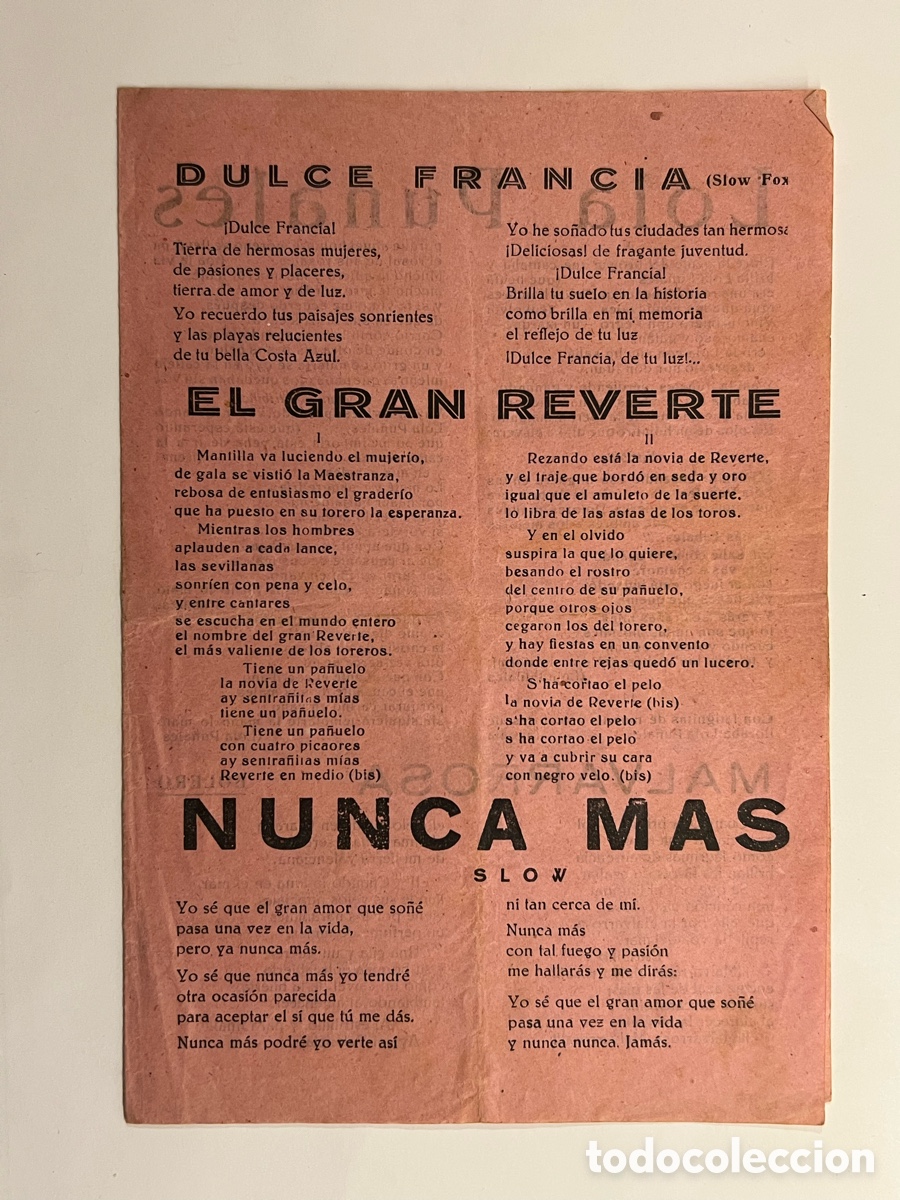 Cat&aacute;logos de M&uacute;sica: Lola Pu&Ntilde;ales., Malvarrosa., Valencia Bella., El Gran Reverte., Dulce Francia., Nunca m&aacute;s..