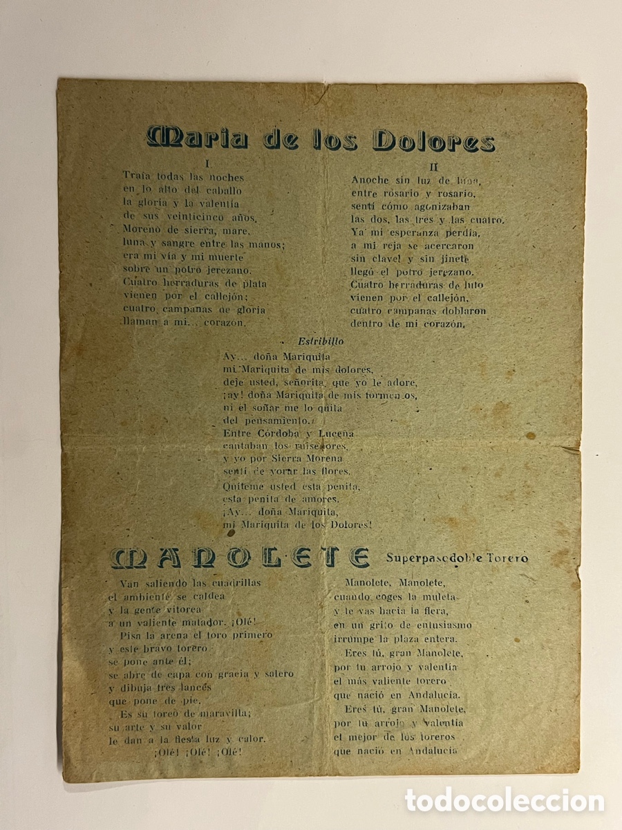 Cat&aacute;logos de M&uacute;sica: MANOLETE., (Pasodoble) Mar&iacute;a de los Dolores., Limosna de Amor., Mientes., (Tango) Hojilla Musical