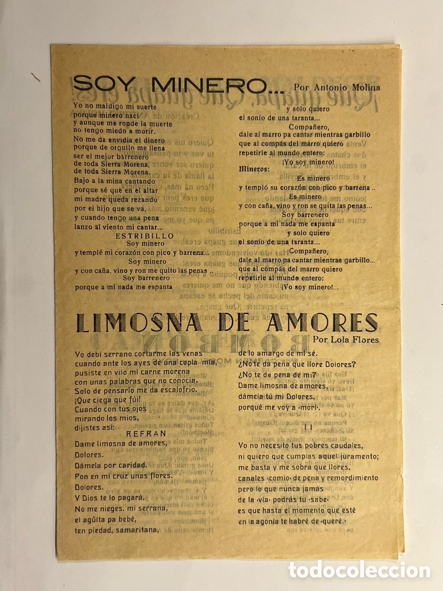 Cat&aacute;logos de M&uacute;sica: Limosna de Amores.., LoLa Flores.., Volviendo a Espa&ntilde;a.., Soy Minero.., Campanera.. Hojilla Musical