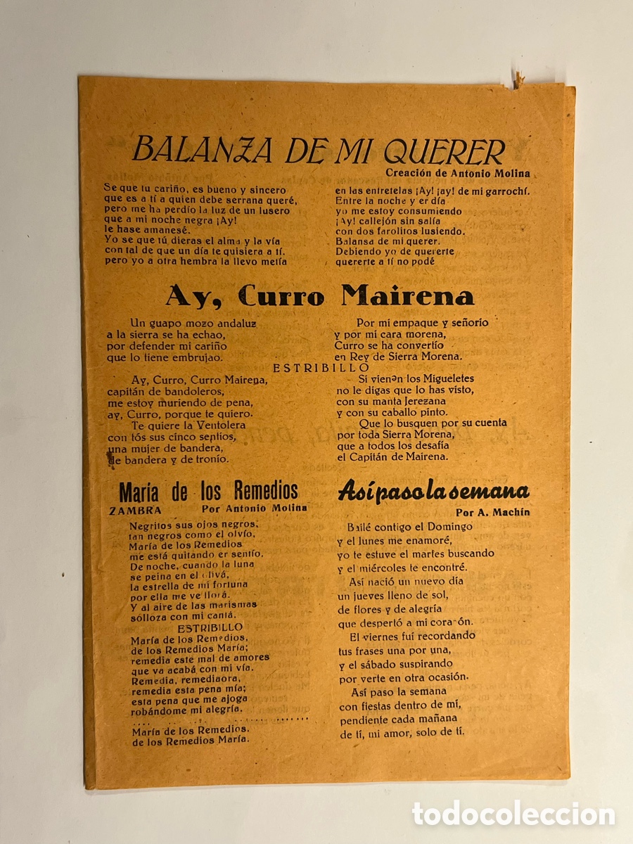 Cat&aacute;logos de M&uacute;sica: La Portuguesa.., Las Muchachas de la Plaza de Espa&ntilde;a.., Yo quiero ser Mataor. Hojilla Musical