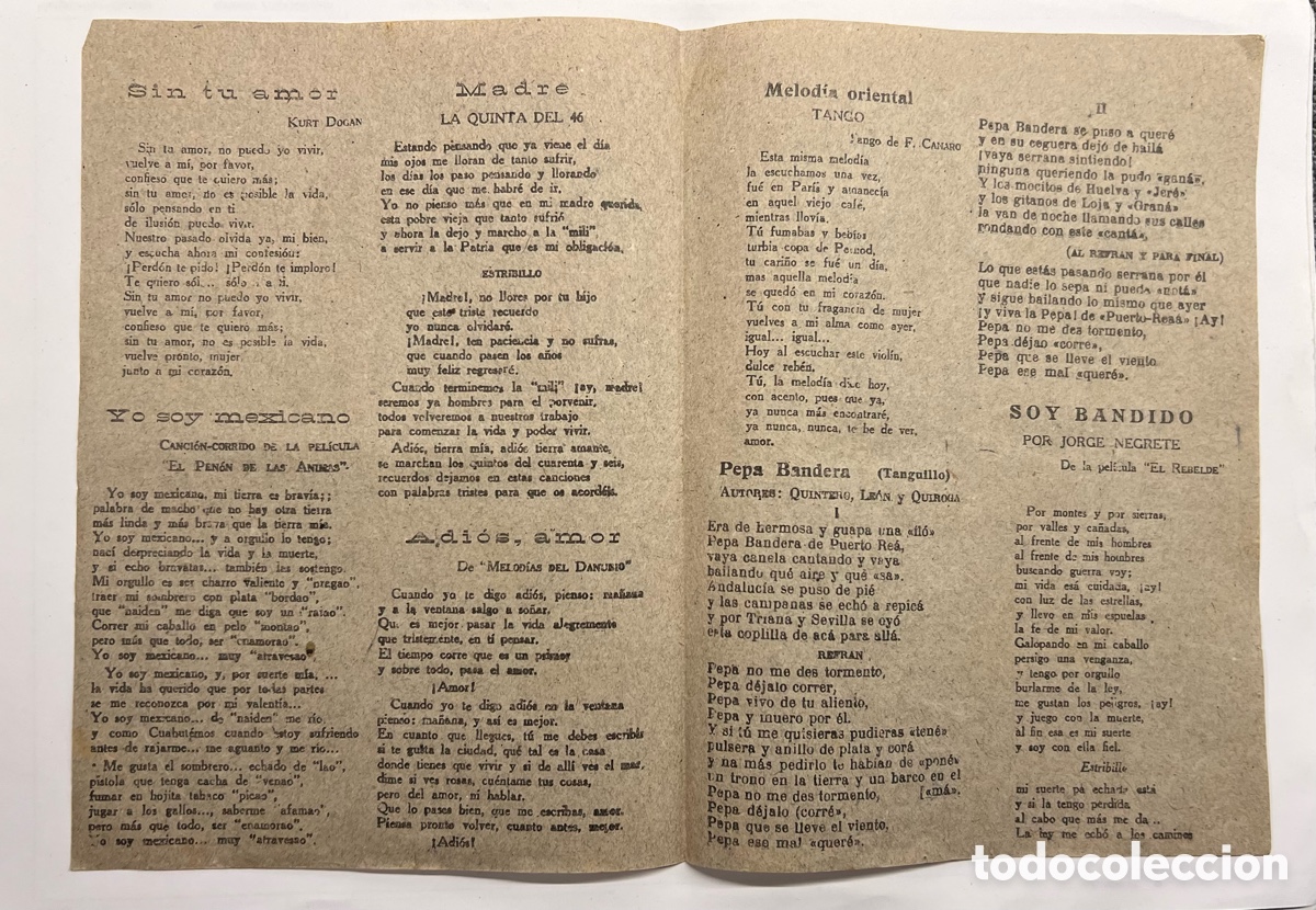 Cat&aacute;logos de M&uacute;sica: MADRE, la Quinta del 46.., Sin tu amor.., Yo soy Mexicano.., PePa Bandera.. Hojilla Musical
