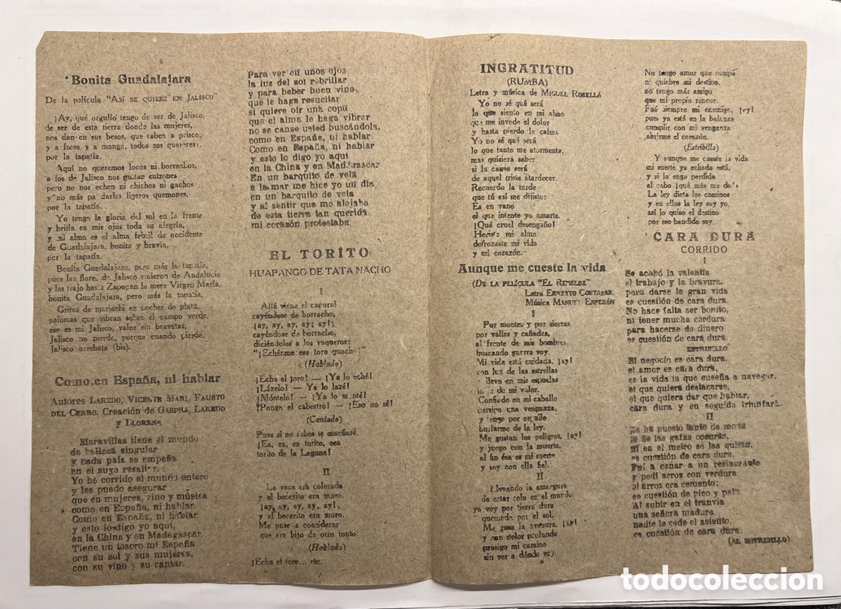 Cat&aacute;logos de M&uacute;sica: Como en Espa&ntilde;a ni hablar, Bonita Guadalajara, El Torito, Aunque me cueste la vida.. Hojilla Musical