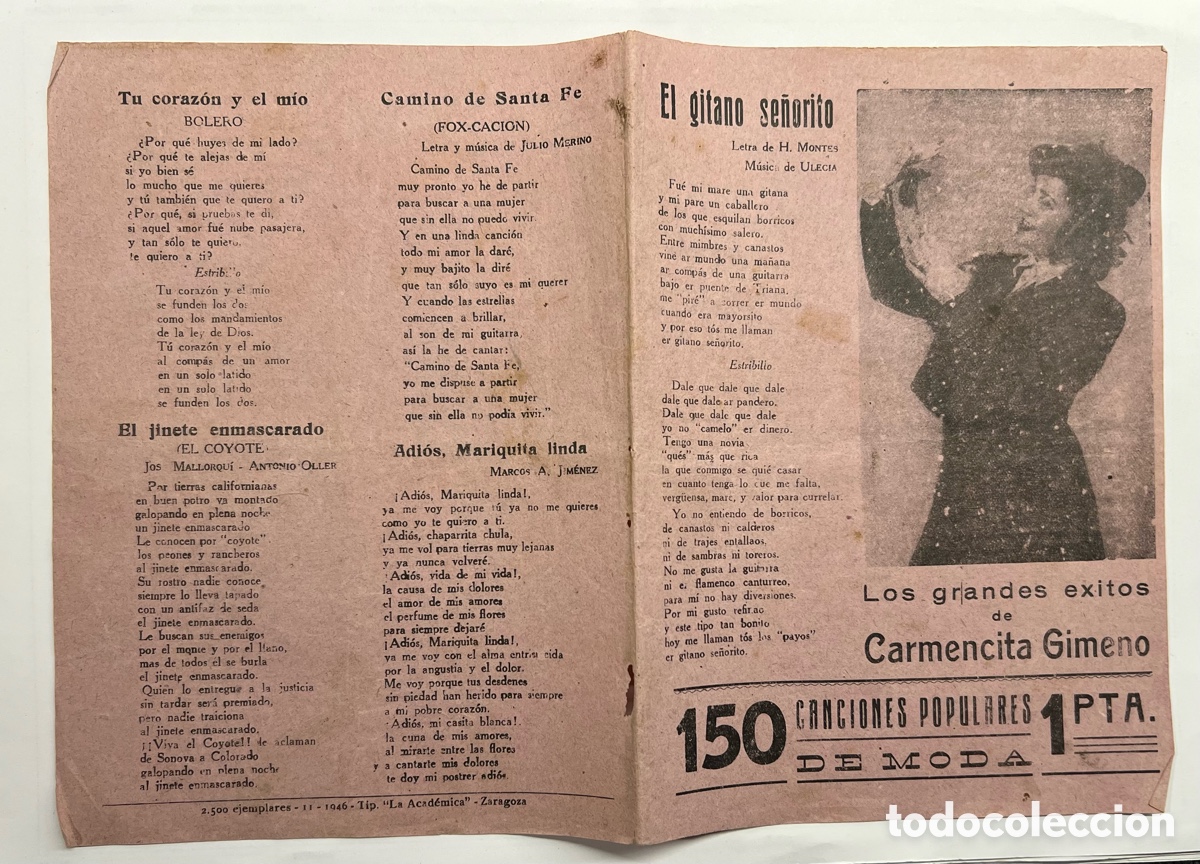 Cat&aacute;logos de M&uacute;sica: Tu coraz&oacute;n y el m&iacute;o, Camino de Santa Fe, El Jinete enmascarado, El Gitano se&ntilde;orito. Hojilla Musical