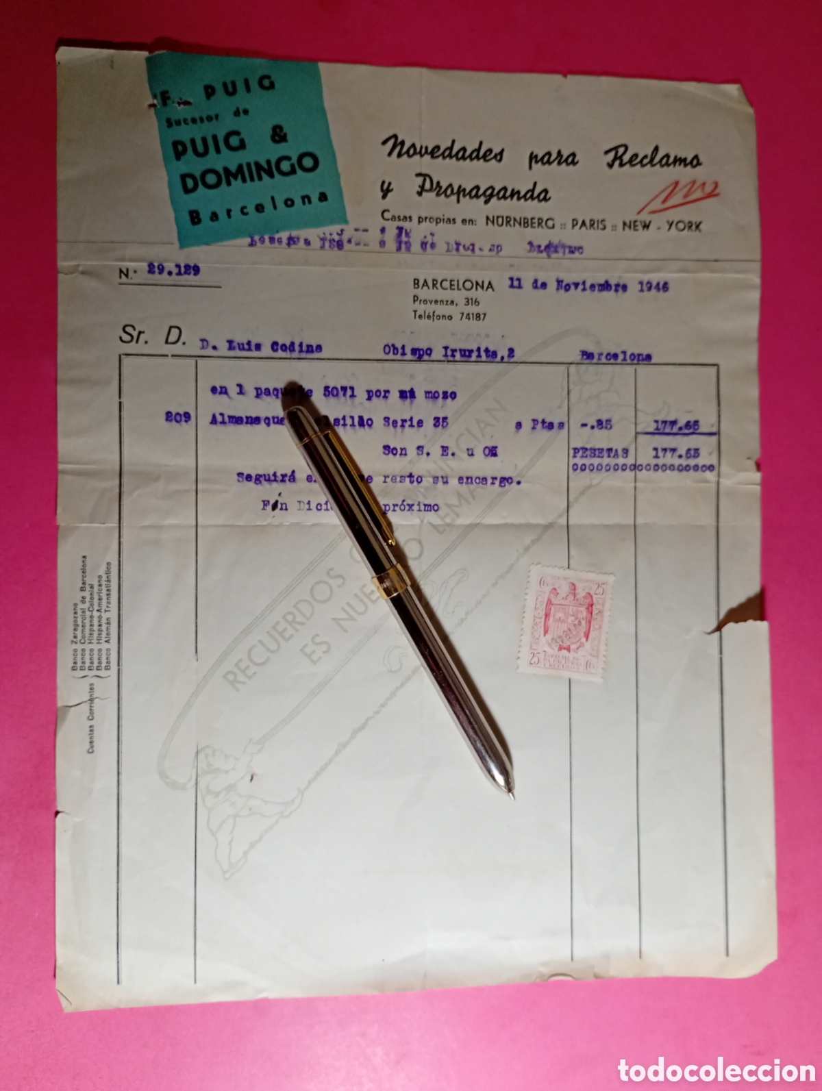 Musikkataloge: FACTURA Y RECIBO F. PUIG SUCESOR DE PUIG & DOMINGO NOVEDADES RECLAMO PROPAGANDA N&Uuml;RNBERG PARIS N.Y