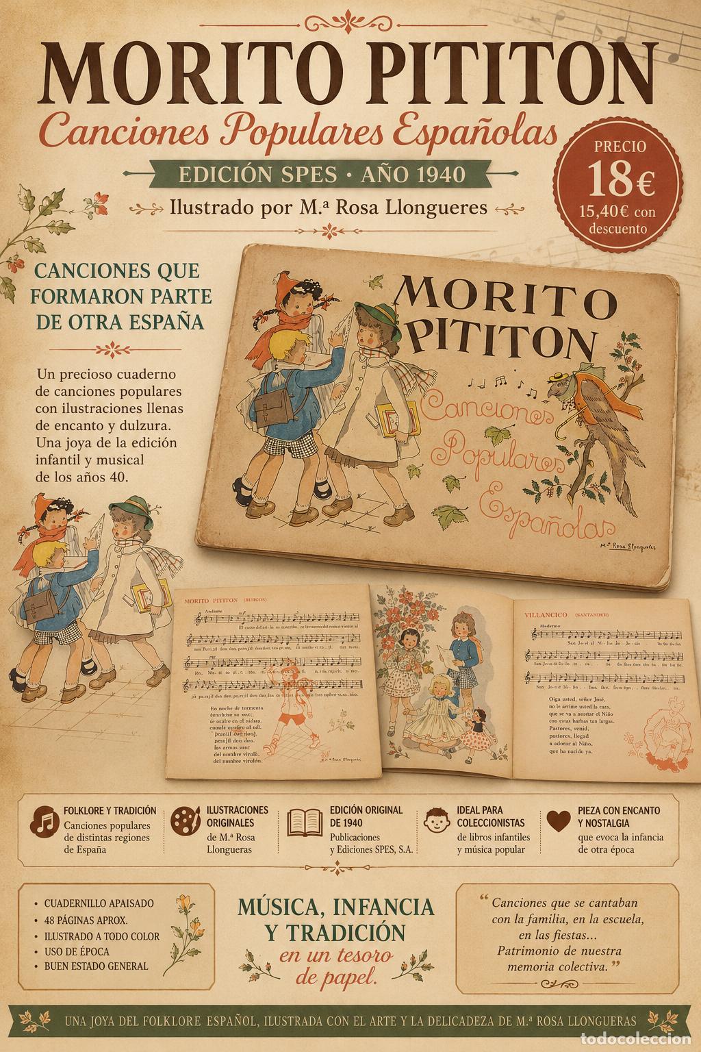 Cat&aacute;logos de M&uacute;sica: MORITO PITITON &middot; CANCIONES POPULARES ESPA&Ntilde;OLAS &middot; SPES 1940 &middot; ILUSTRADO POR M.&ordf; ROSA LLONGUERAS