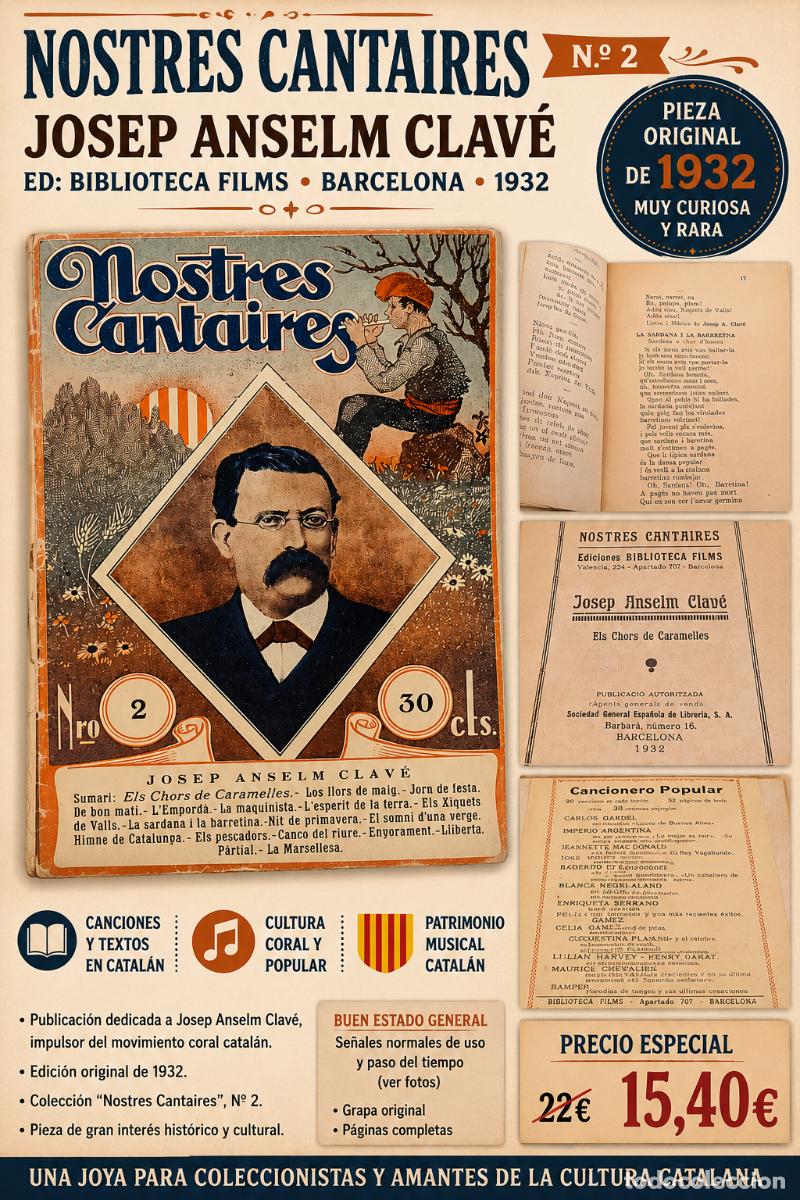 Cat&aacute;logos de M&uacute;sica: RARO NOSTRES CANTAIRES N&ordm; 2 / JOSEP ANSELM CLAV&Eacute; / BARCELONA 1932 / MODERNISMO POPULAR