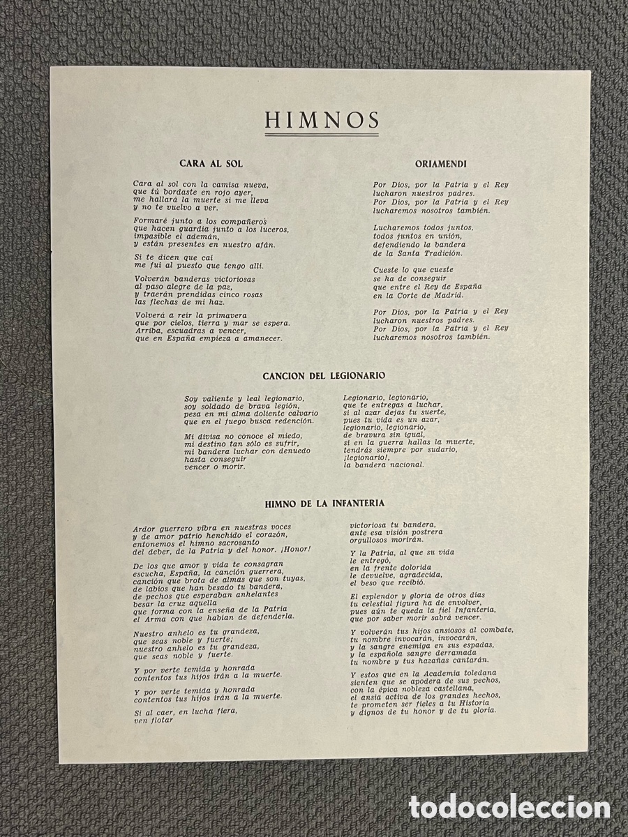 Cat&aacute;logos de M&uacute;sica: HINMOS BANDO NACIONAL: Oriamendi, Cara el Sol, Canci&oacute;n del Legionario, Himno de la infanter&iacute;a