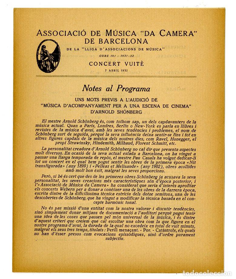 Music Catalogs: Programa de M&uacute;sica da Camera / Schubert, Schonberg 1932 - Palau de la M&uacute;sica Catalana