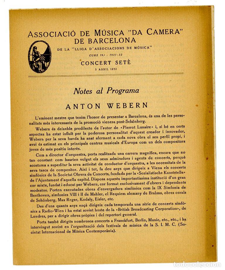 Music Catalogs: Programa de M&uacute;sica da Camera / Anton Webern1932 - Palau de la M&uacute;sica Catalana
