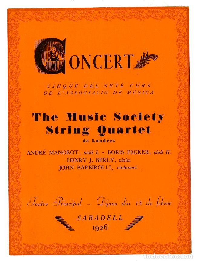 Music Catalogs: Programa de M&uacute;sica / The Music Society String Quartet de Londes / Sabadell 1926 - Palau de la M&uacute;sica