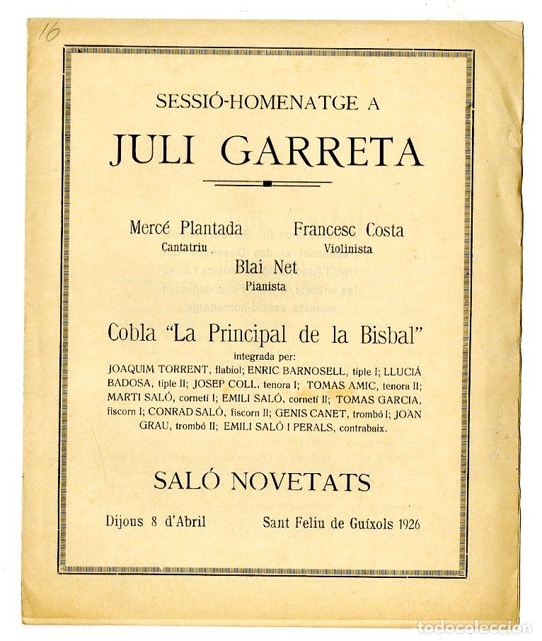 Cat&aacute;logos de M&uacute;sica: Programa de M&uacute;sica / Homenatge a Juli Garreta / Sant Feliu de Guixols 1926 - La Principal de la Bisb