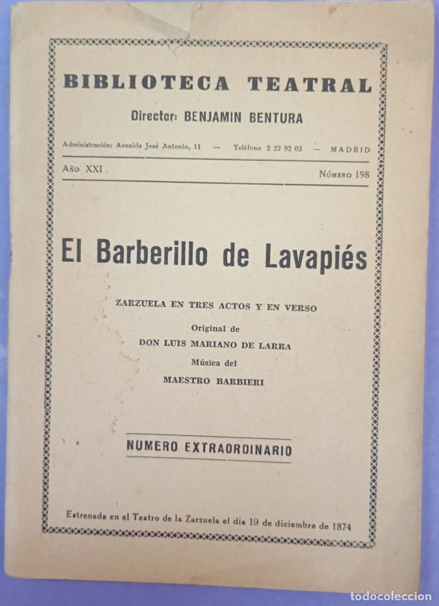 Cat&aacute;logos de M&uacute;sica: El Barberillo de Lavapi&eacute;s. Biblioteca Teatral. Libreto