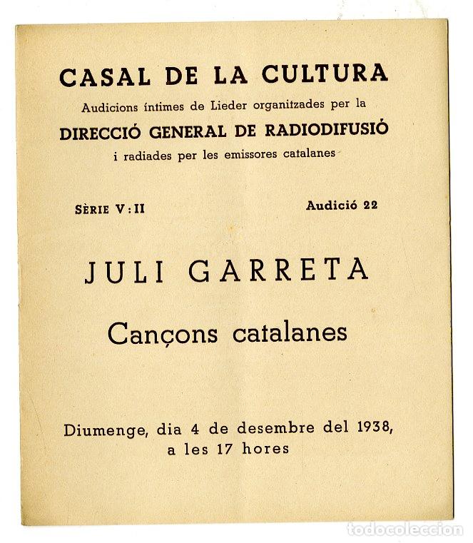 Cataloghi di Musica: Programa de M&uacute;sica / Juli Garreta Can&ccedil;ons Catalanes 1938 - Palau de la M&uacute;sica Catalana