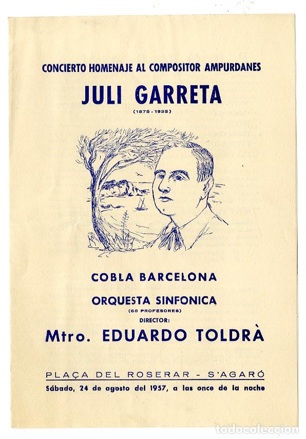 Cataloghi di Musica: Programa de M&uacute;sica / Homenaje Juli Garreta, Mtro Eduardo Toldr`1957 - S'Agar&oacute;