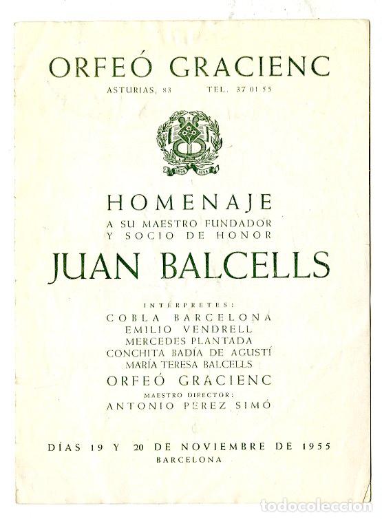 Cataloghi di Musica: Programa de M&uacute;sica / Homenaje Juan Balcells 1955 - Orfe&oacute; Gracienc