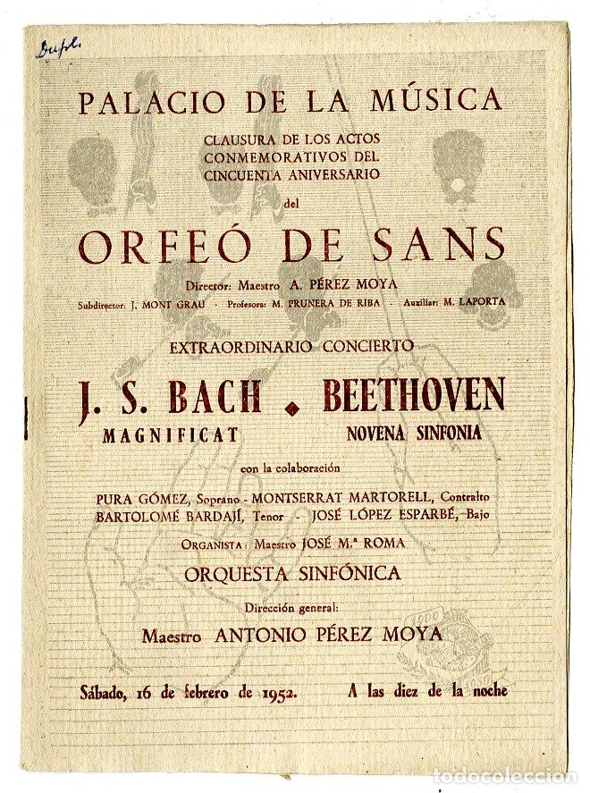 Cat&aacute;logos de M&uacute;sica: Programa de M&uacute;sica / Antonio P&eacute;rez Moya, J S Bach, Beethovem 1952 - Palau de la M&uacute;sica Catalana