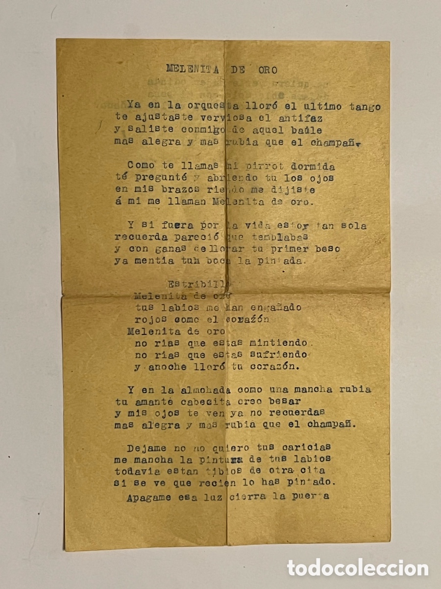 Cat&aacute;logos de M&uacute;sica: MELENITA DE ORO. Tango argentino.. Hojilla musical mecanografiada.. original (h.1922?)